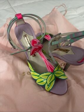 Sophia Webster Lavender Heels with Neon Yellow-Green Leaf & Pink Flamingo Accent